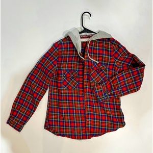 Hooded red flannel shirt bright color plaid light weight